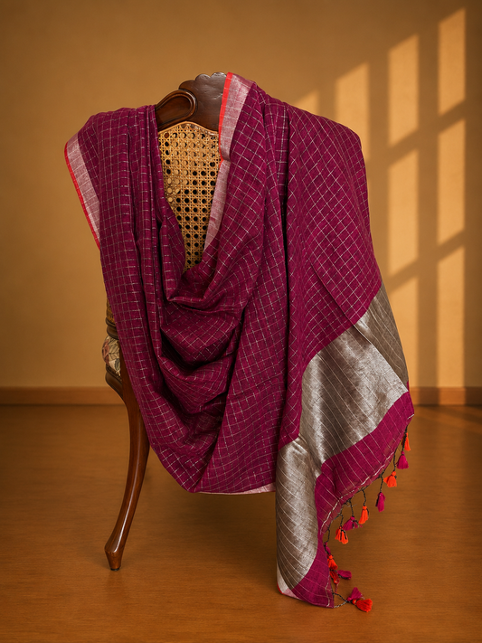 Wine and Silver Checkered Linen Saree