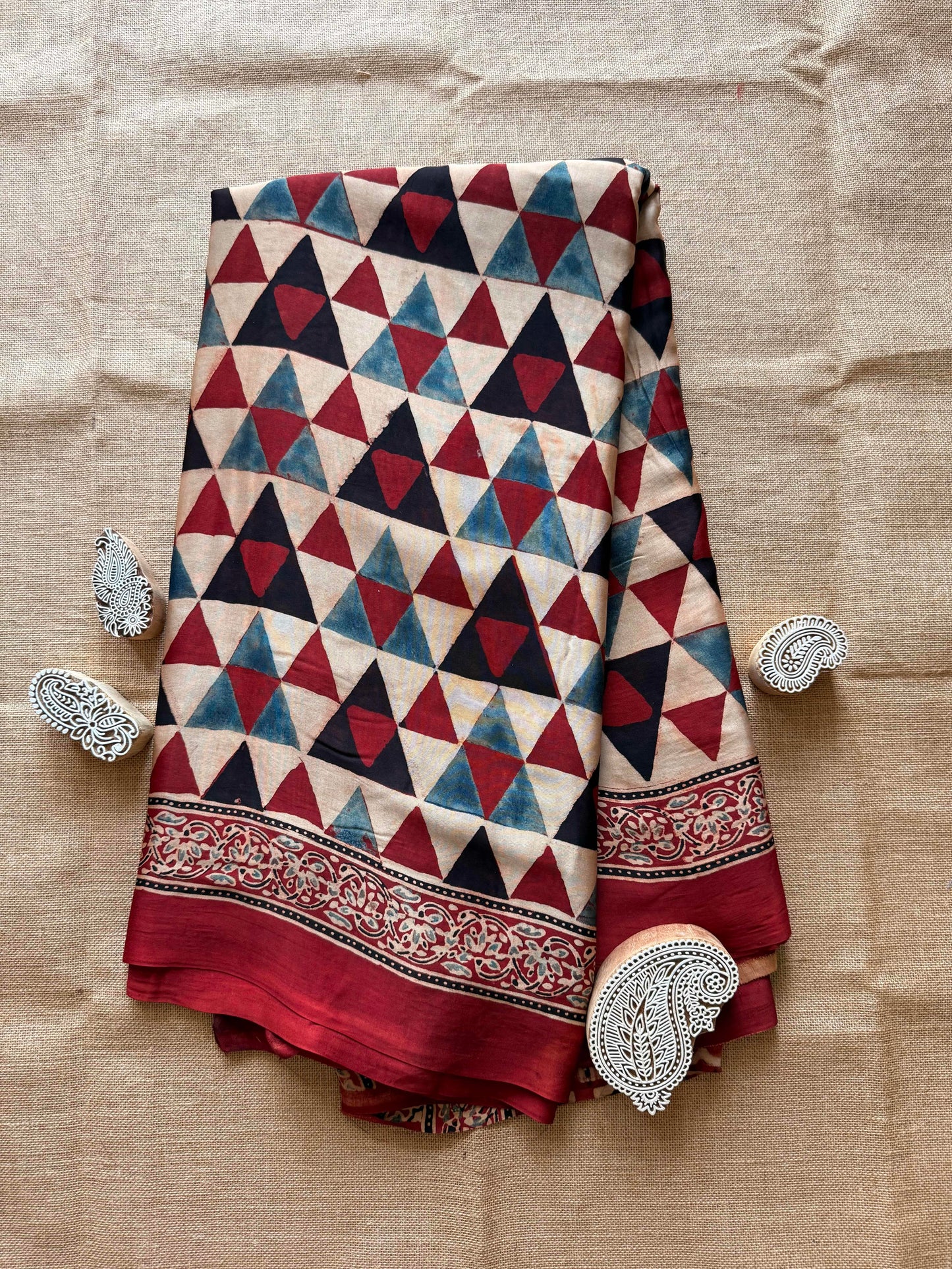 Red Geometric Ajrakh Print Modal Silk Saree