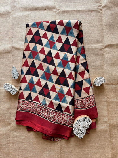 Red Geometric Ajrakh Print Modal Silk Saree