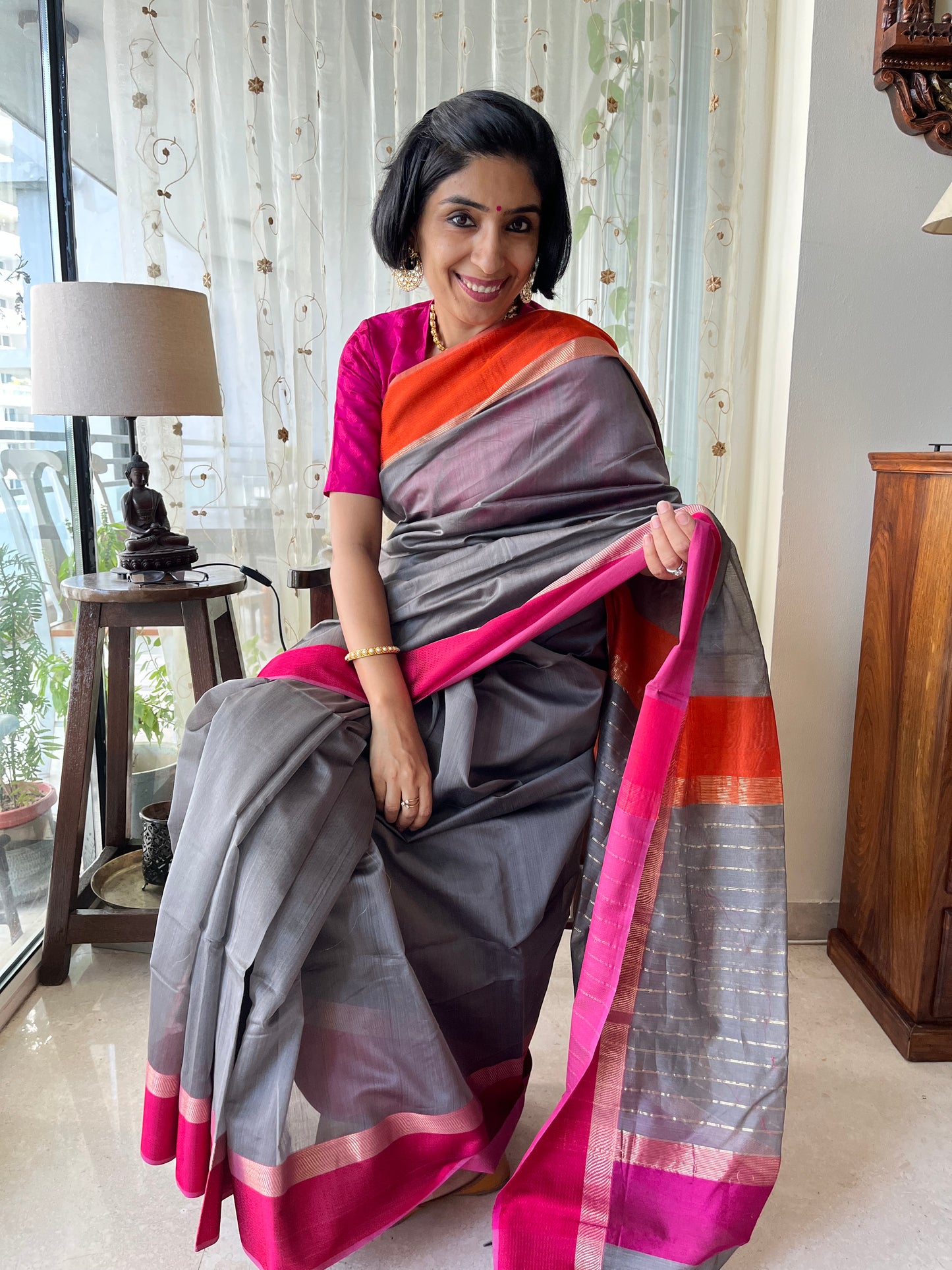 Grey Maheshwari Saree with Ganga Jamuna Resham Borders
