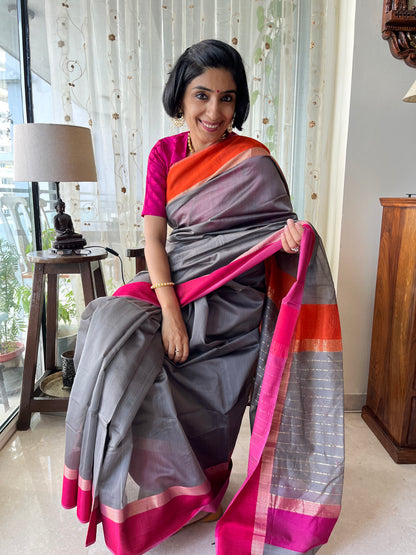Grey Maheshwari Saree with Ganga Jamuna Resham Borders