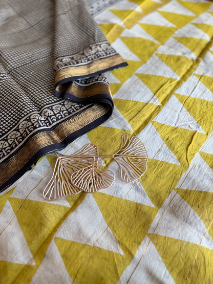 Black Checkered Bagru Cotton Silk Saree