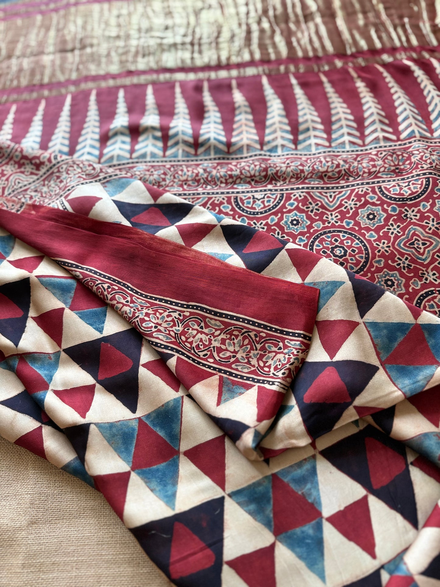 Red Geometric Ajrakh Print Modal Silk Saree