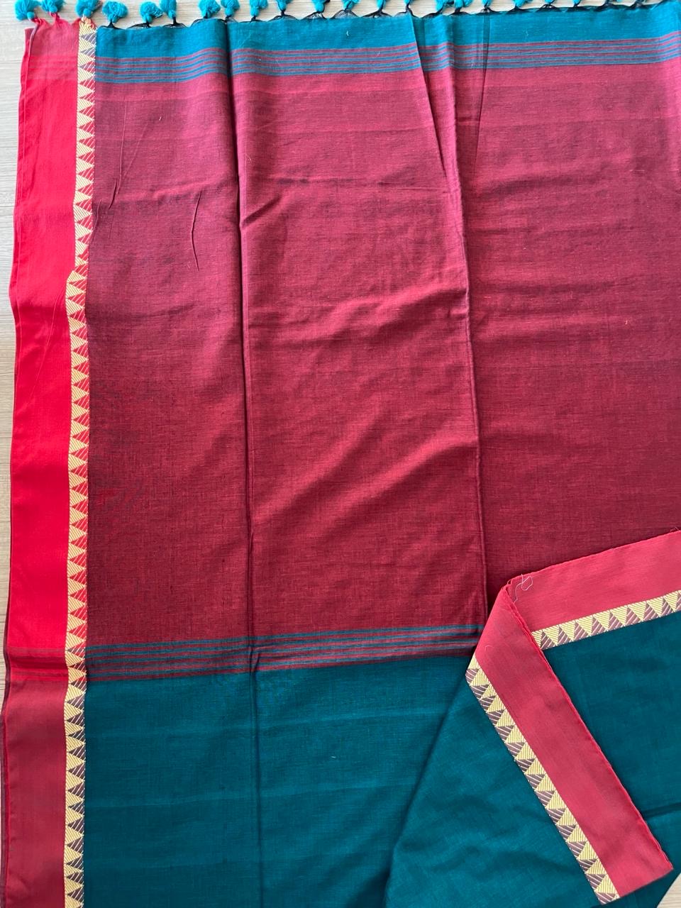 Red & Aqua Blue Bengal Cotton Saree