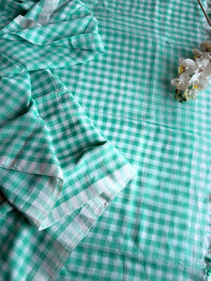 Mint Blue and White Gingham Check Mul Cotton Saree
