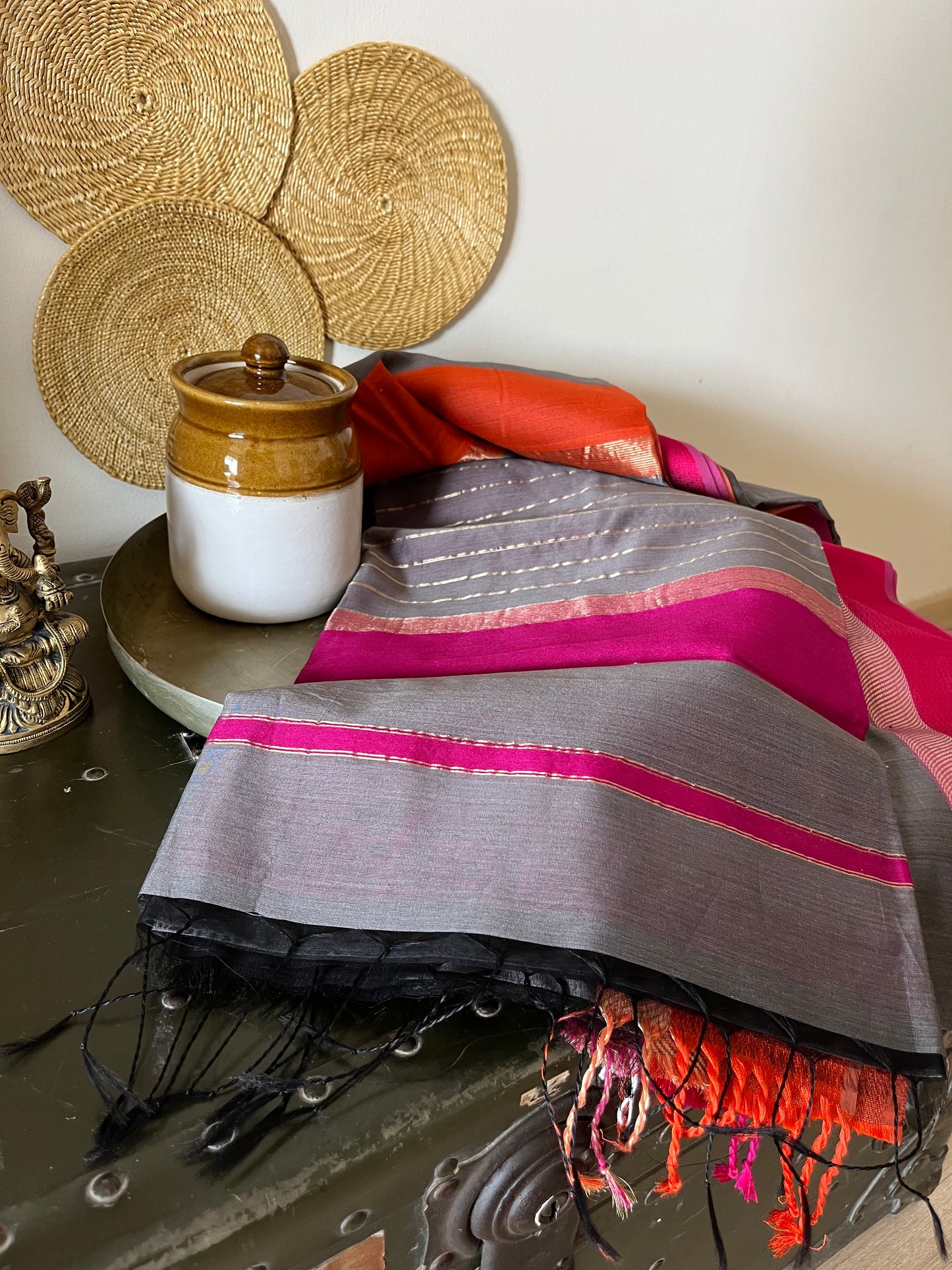 Grey Maheshwari Saree with Ganga Jamuna Resham Borders