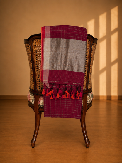 Wine and Silver Checkered Linen Saree