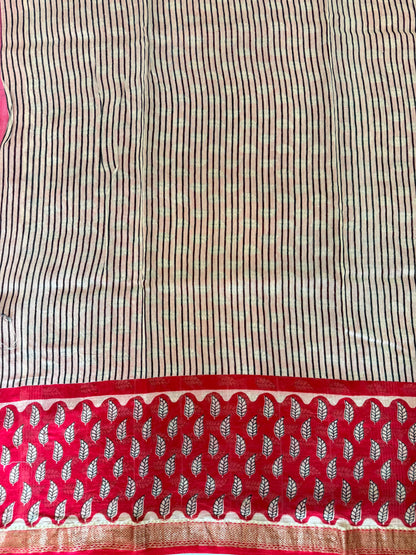 Black and Crimson Striped Cotton Silk Saree