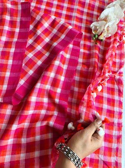 Coral Red & Hot Pink Gingham Check Mul Cotton Saree (Copy)