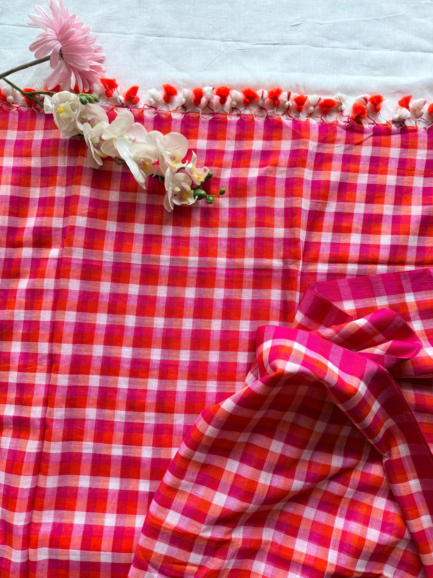 Coral Red & Hot Pink Gingham Check Mul Cotton Saree (Copy)