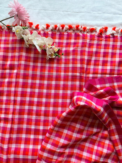 Coral Red & Hot Pink Gingham Check Mul Cotton Saree (Copy)