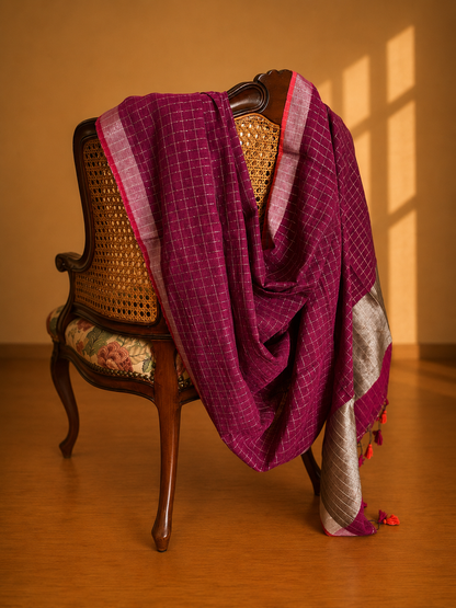 Wine and Silver Checkered Linen Saree