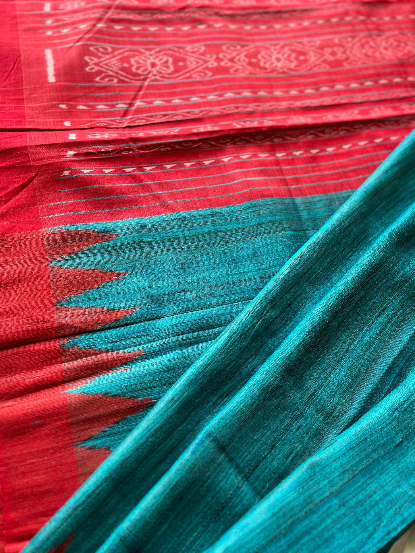 Red and Sea Green Gopalpur Tussar Saree