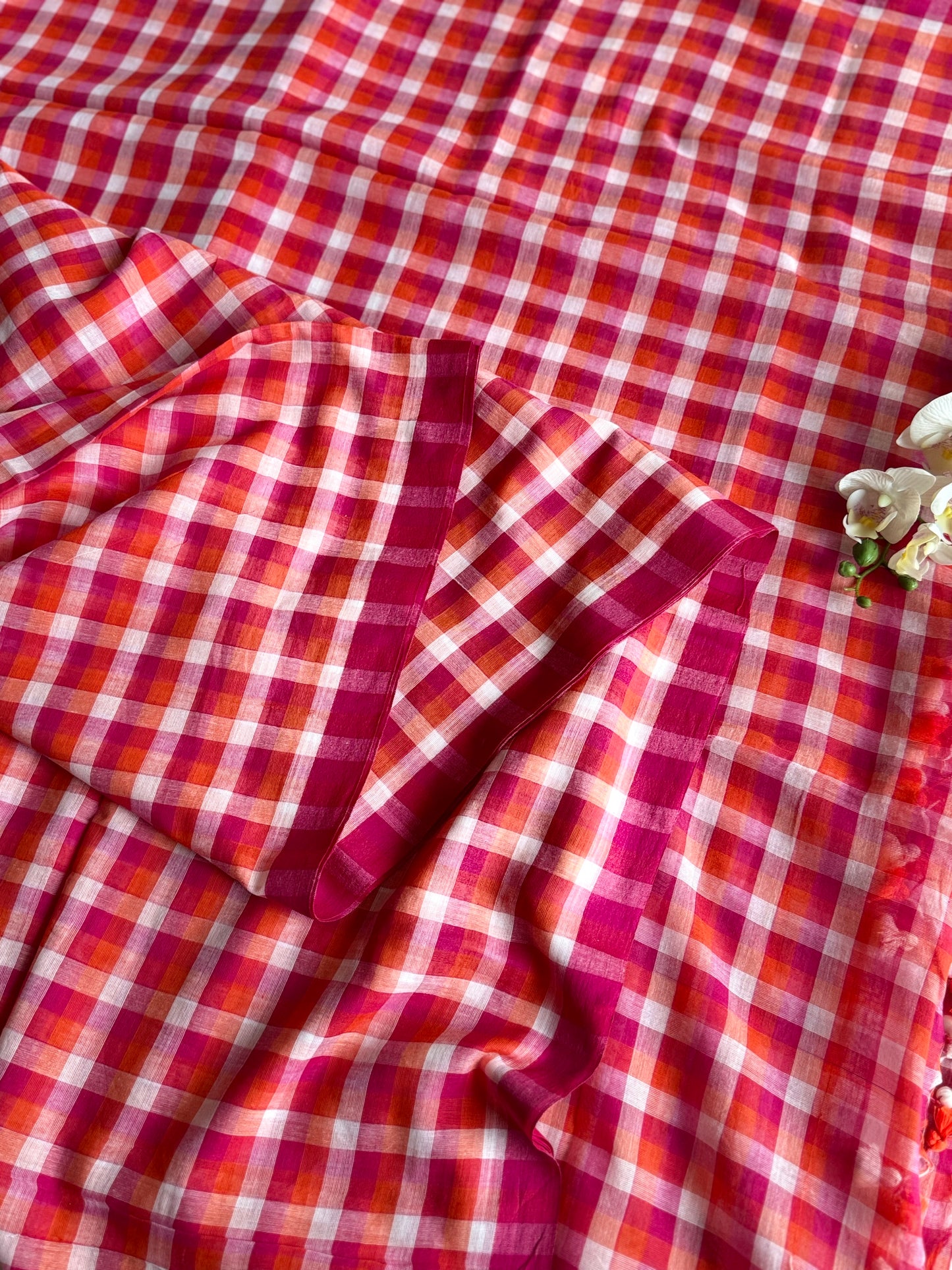 Coral Red & Hot Pink Gingham Check Mul Cotton Saree (Copy)