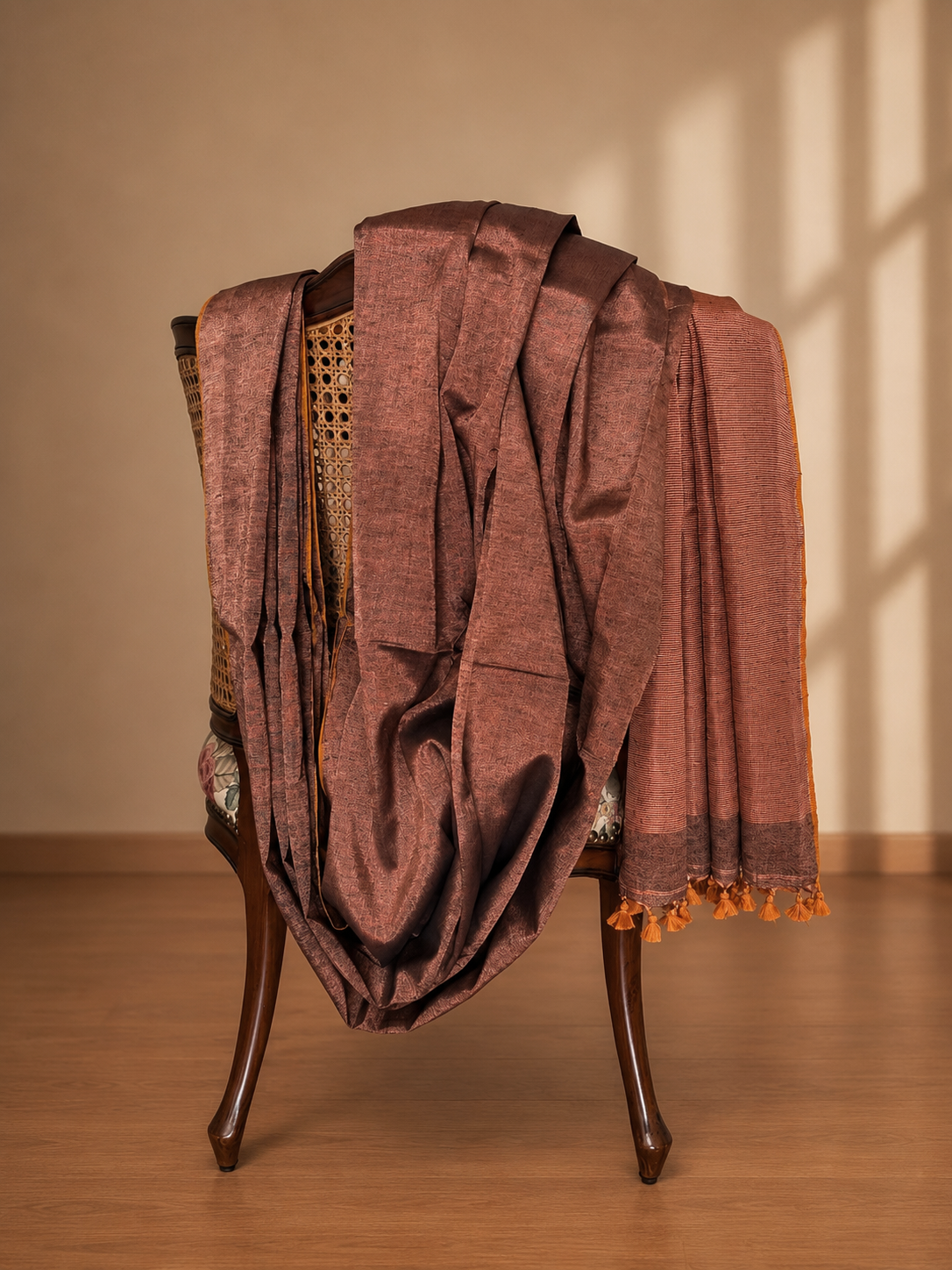 Coffee brown and bronze linen tissue saree