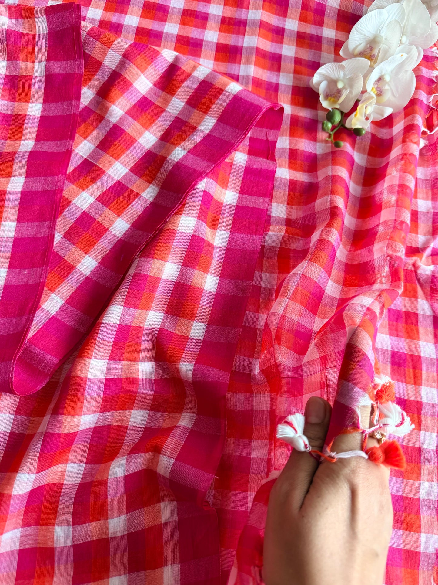 Coral Red & Hot Pink Gingham Check Mul Cotton Saree (Copy)