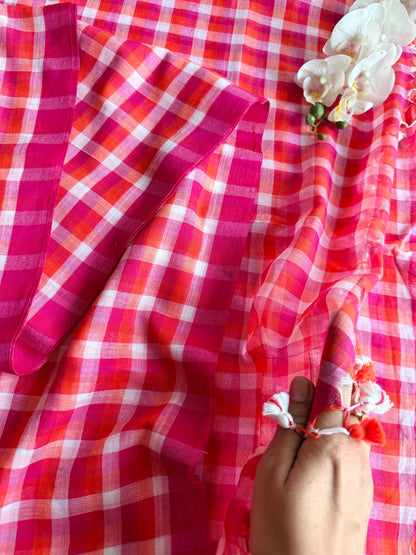 Coral Red & Hot Pink Gingham Check Mul Cotton Saree (Copy)