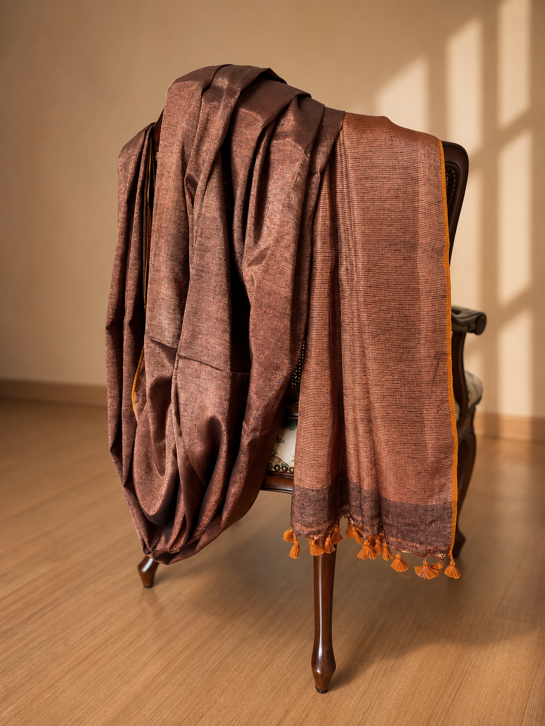 Coffee brown and bronze linen tissue saree
