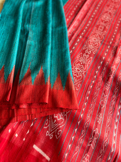 Red and Sea Green Gopalpur Tussar Saree