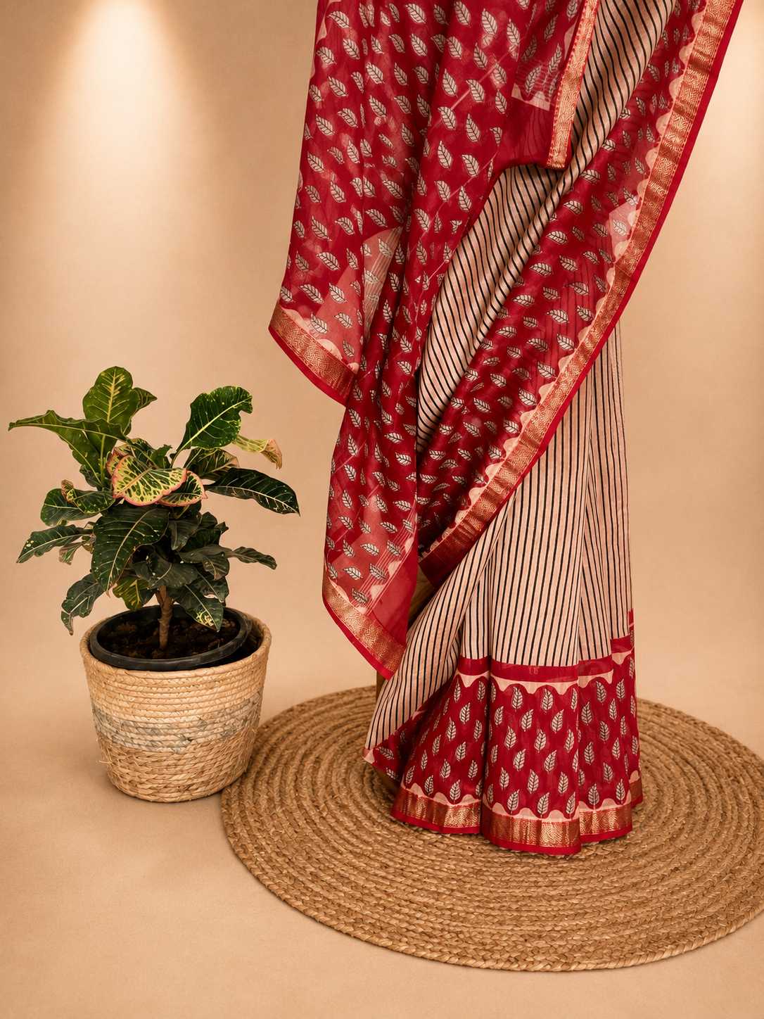 Black and Crimson Striped Cotton Silk Saree