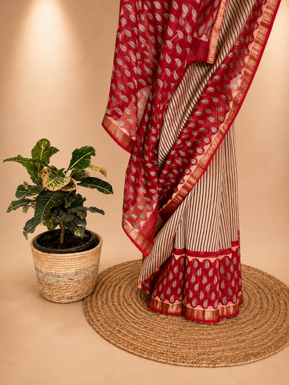 Black and Crimson Striped Cotton Silk Saree
