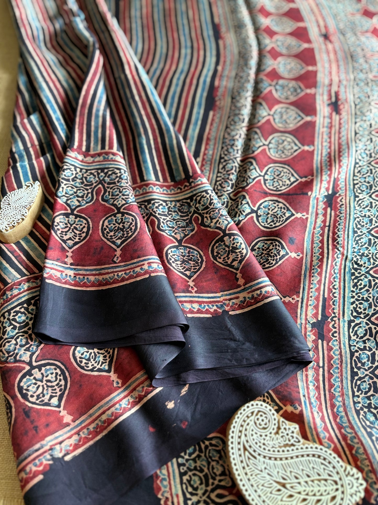 Striped Symphony Ajrakh Modal Silk Saree