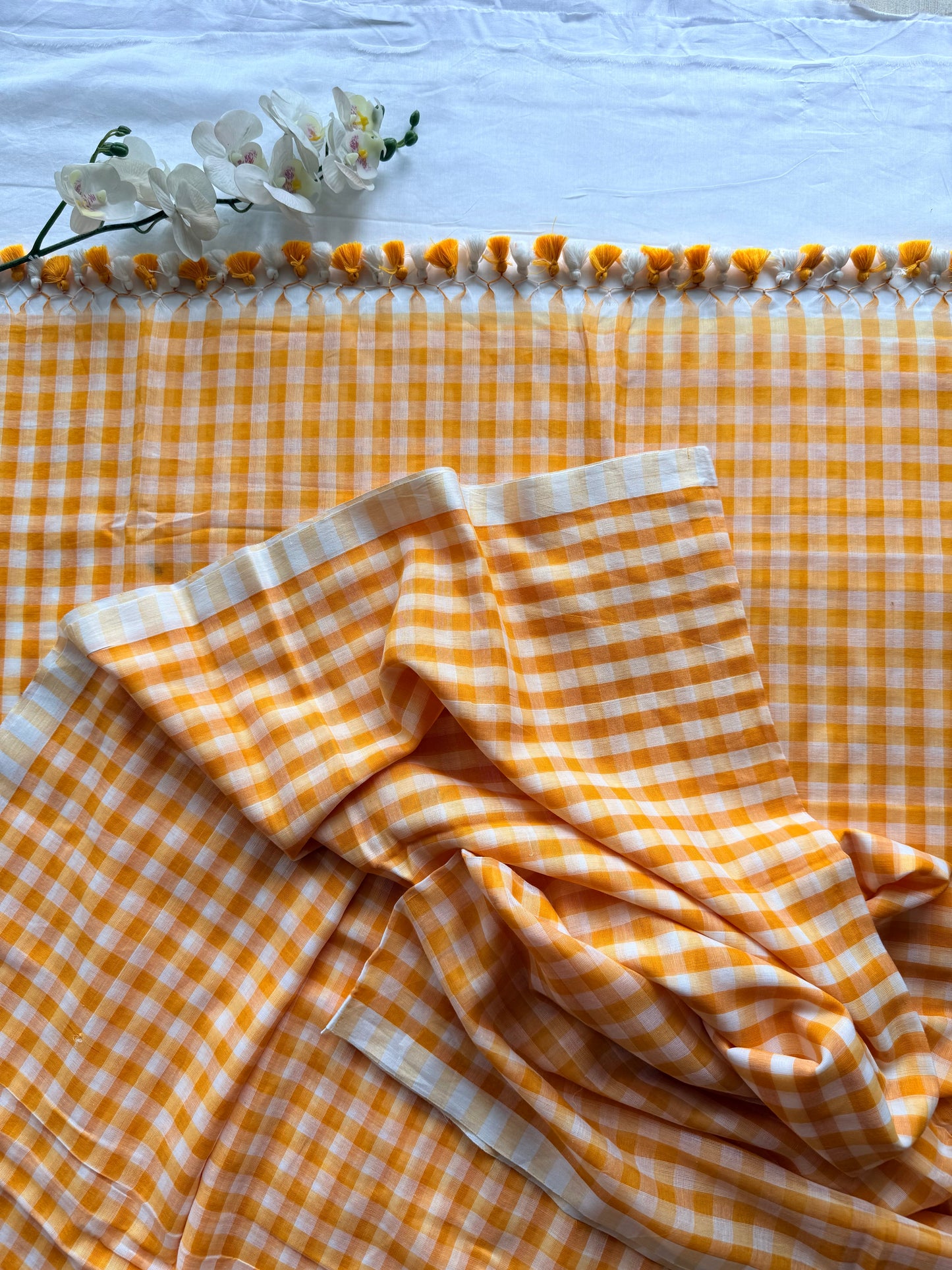 Yellow and White Gingham Check Mul Cotton Saree
