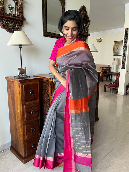 Grey Maheshwari Saree with Ganga Jamuna Resham Borders