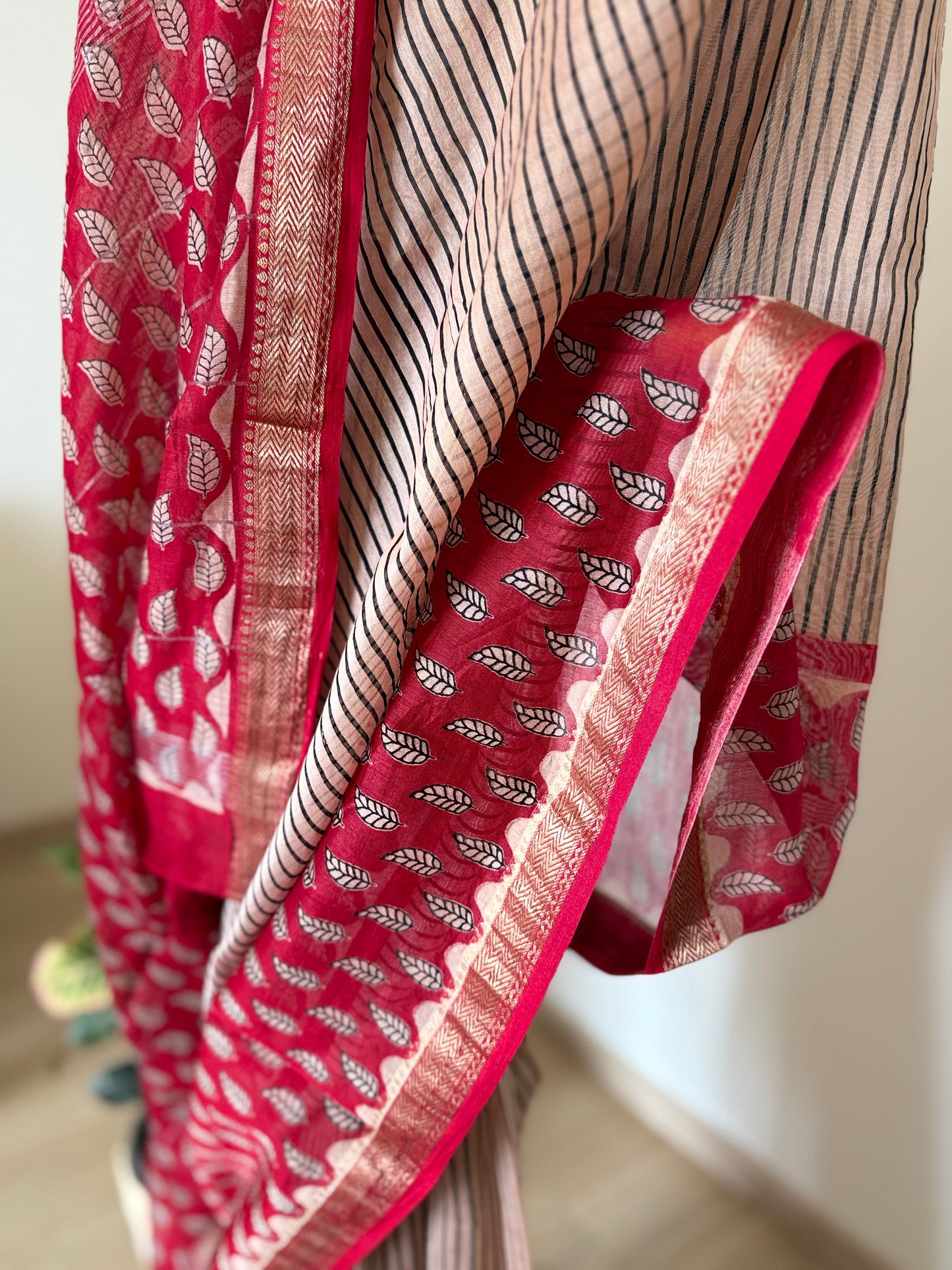 Black and Crimson Striped Cotton Silk Saree