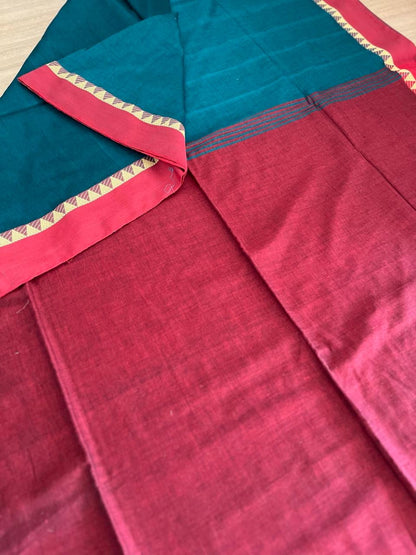 Red & Aqua Blue Bengal Cotton Saree
