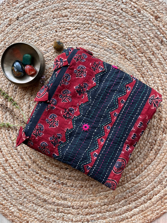 Black and Red Ajrakh Applique Saree