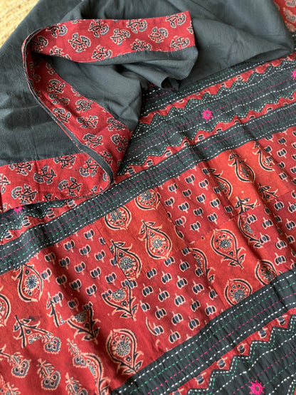 Black and Red Ajrakh Applique Saree