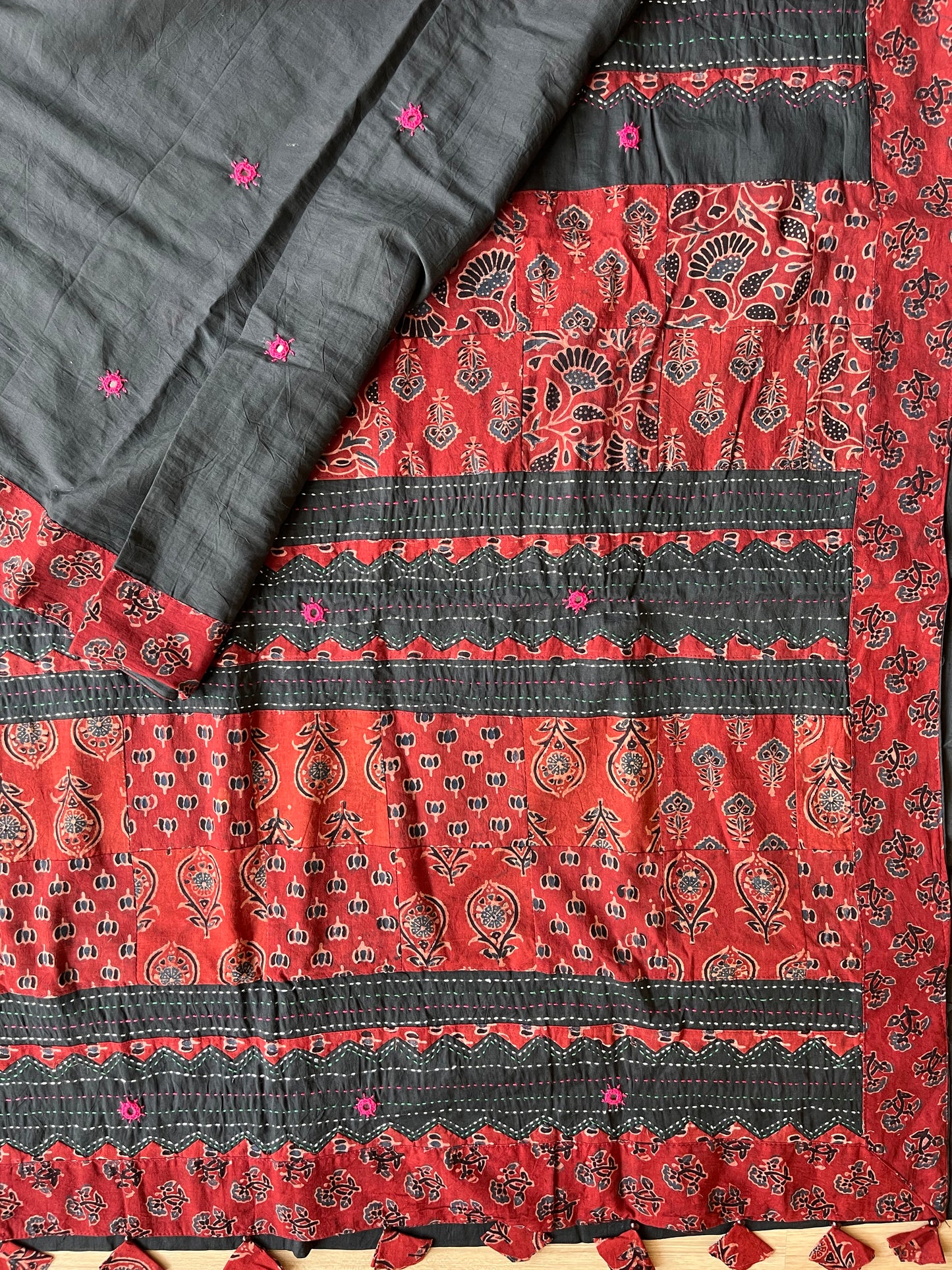 Black and Red Ajrakh Applique Saree