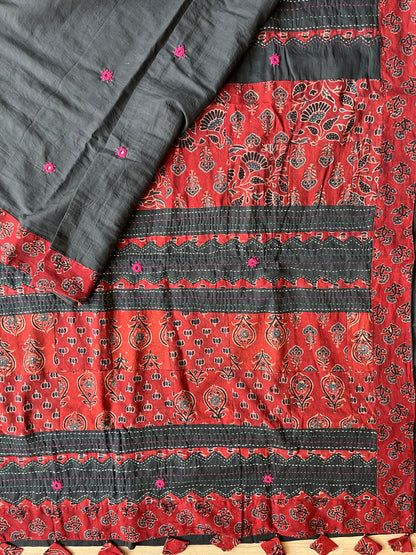 Black and Red Ajrakh Applique Saree