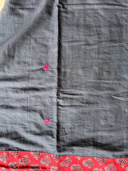 Black and Red Ajrakh Applique Saree