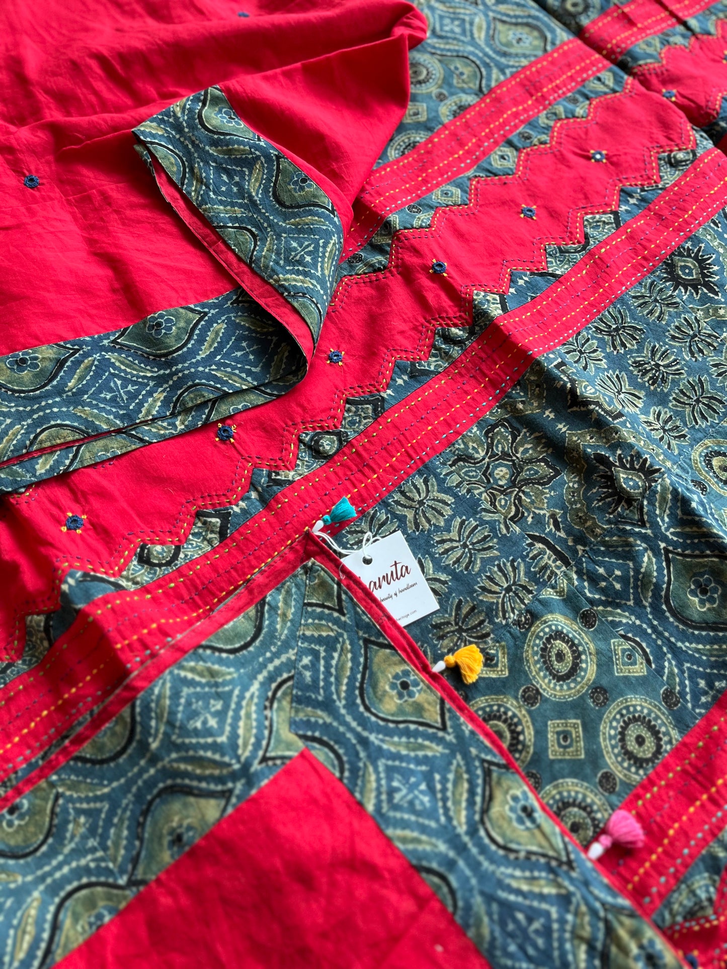 Red and Blue Ajrakh Applique Saree