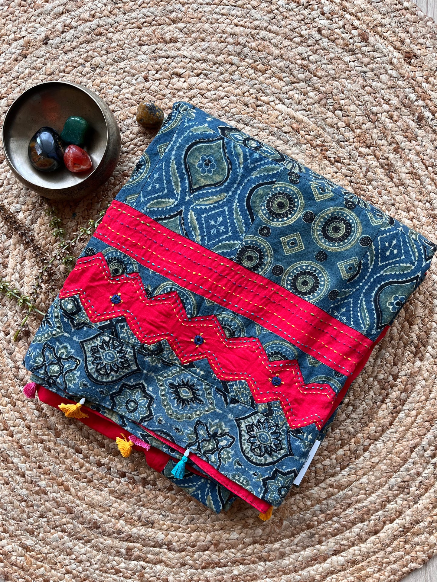 Red and Blue Ajrakh Applique Saree