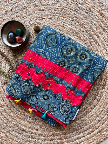 Red and Blue Ajrakh Applique Saree