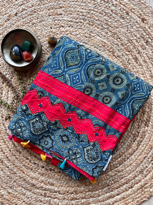 Red and Blue Ajrakh Applique Saree