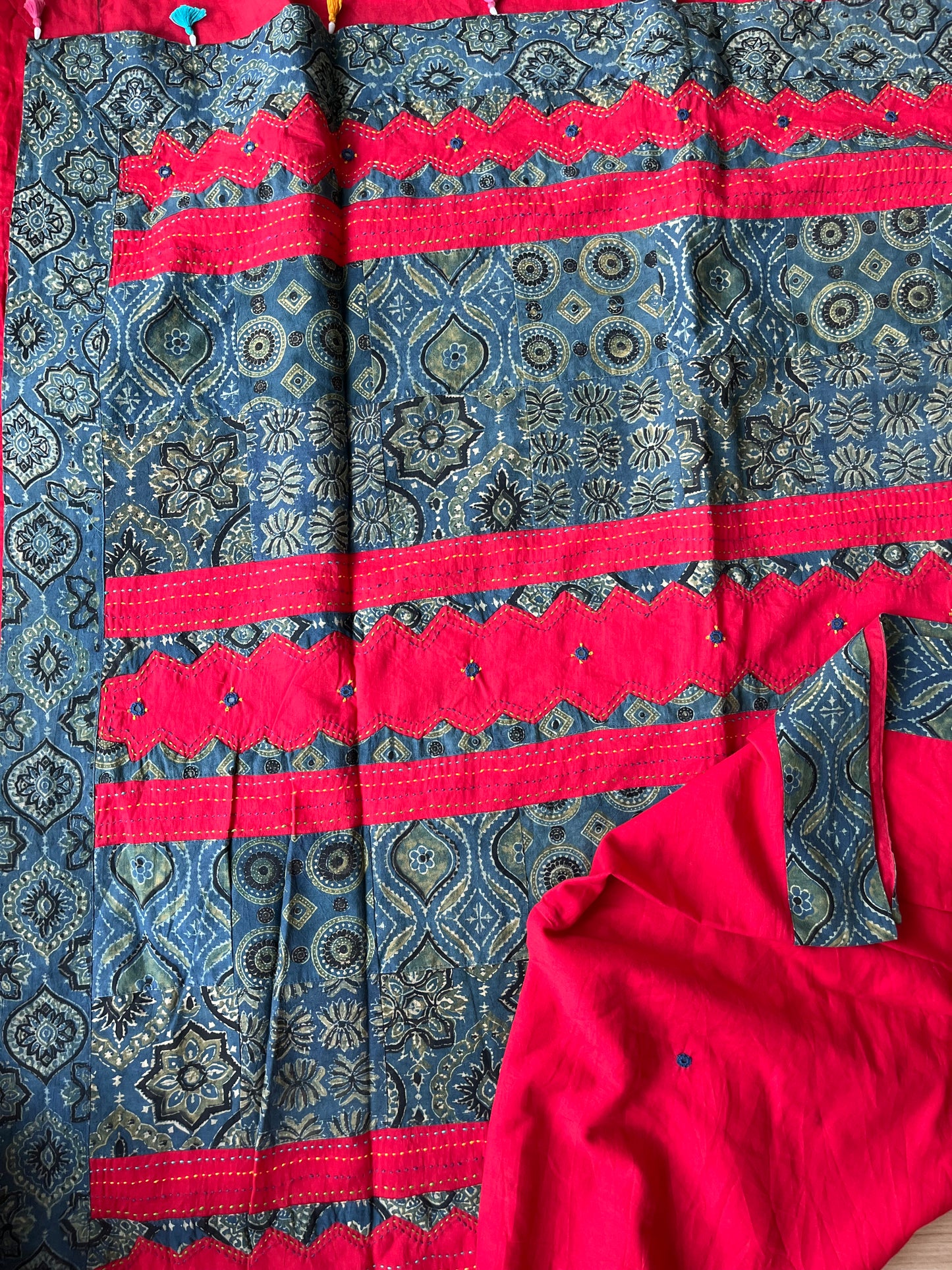 Red and Blue Ajrakh Applique Saree