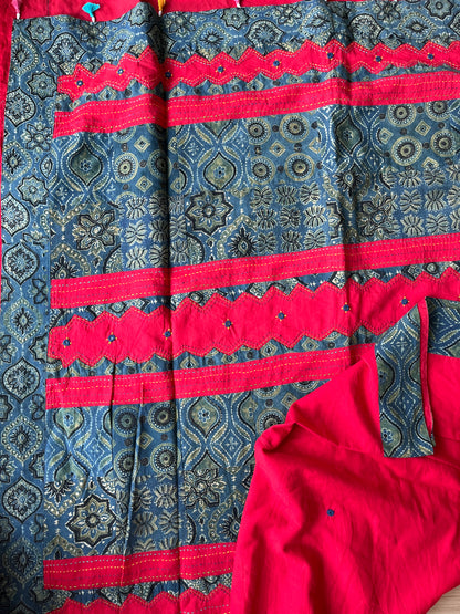 Red and Blue Ajrakh Applique Saree