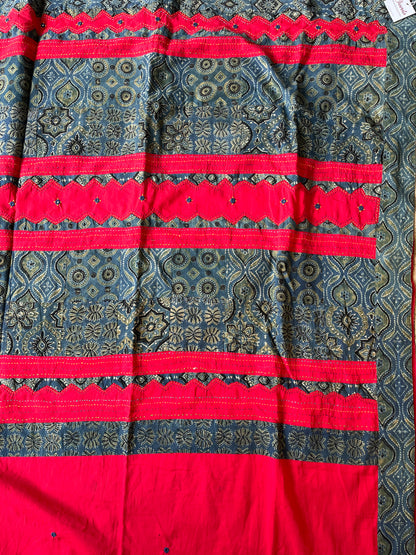 Red and Blue Ajrakh Applique Saree