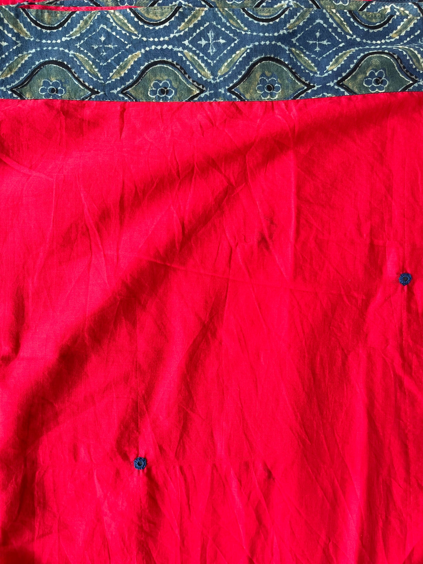 Red and Blue Ajrakh Applique Saree