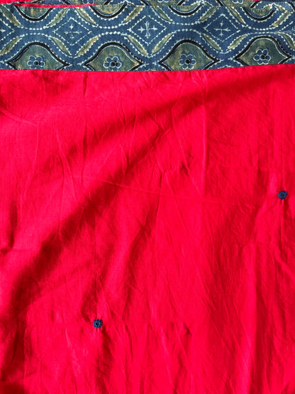Red and Blue Ajrakh Applique Saree