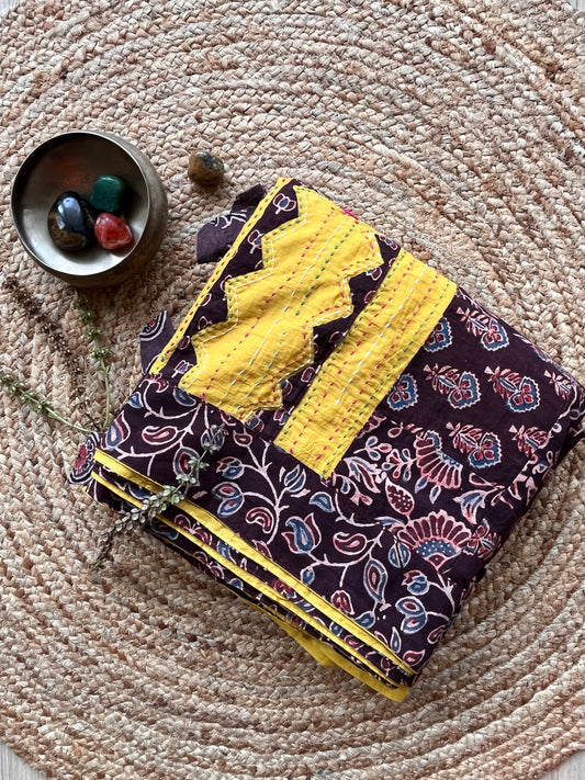 Sunny Yellow and Brown Ajrakh Applique Saree