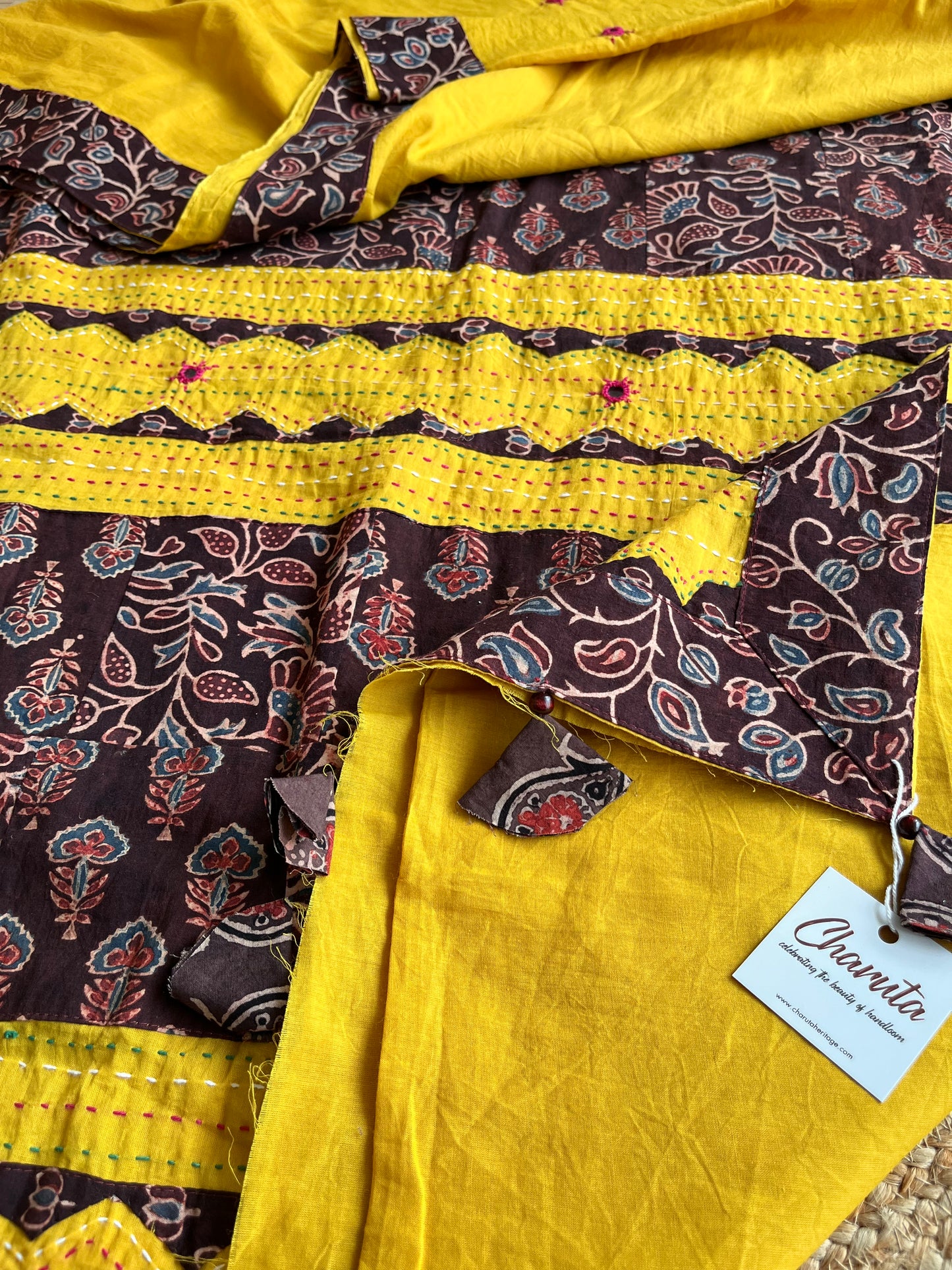 Sunny Yellow and Brown Ajrakh Applique Saree