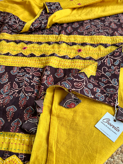 Sunny Yellow and Brown Ajrakh Applique Saree