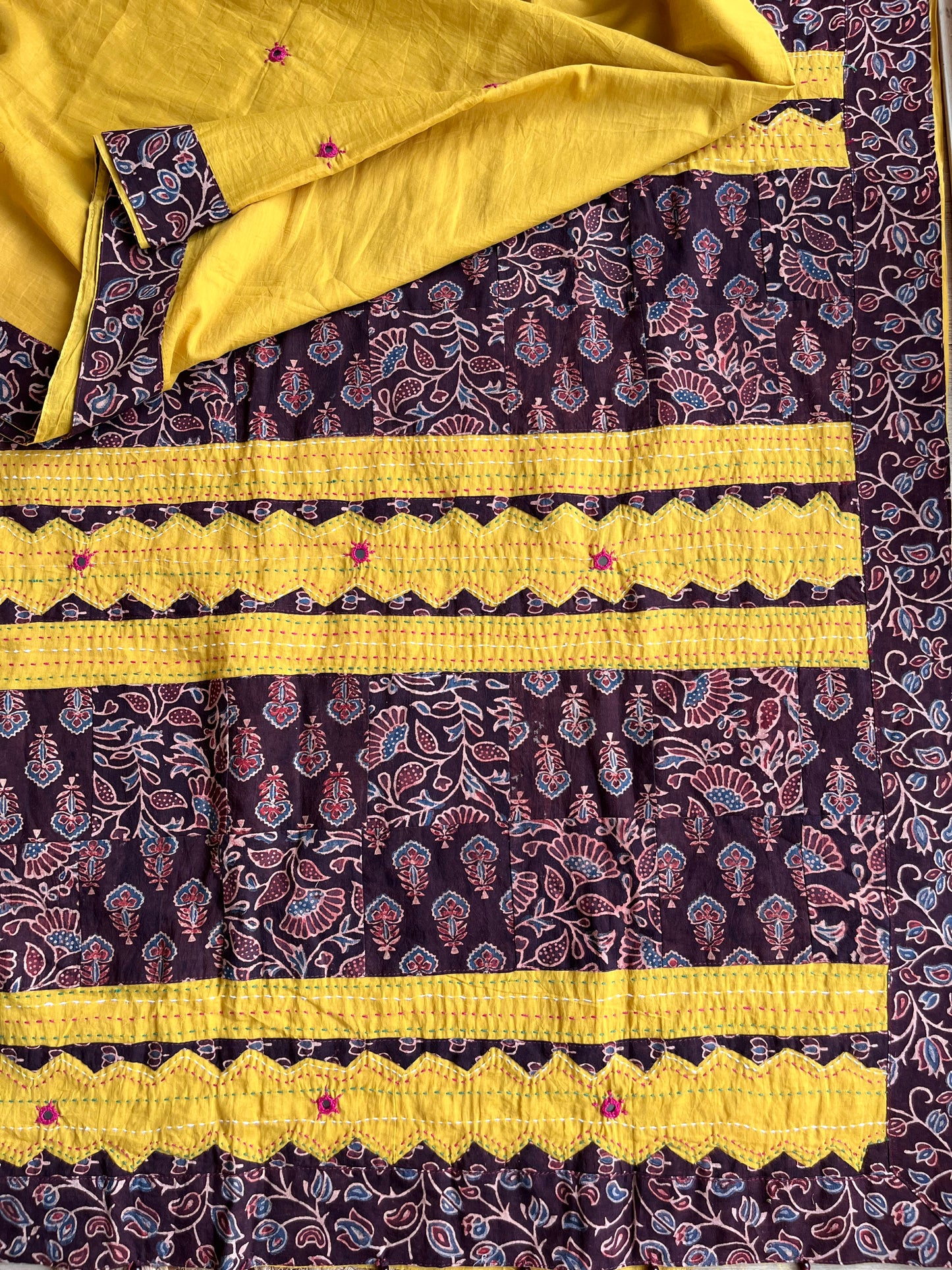 Sunny Yellow and Brown Ajrakh Applique Saree