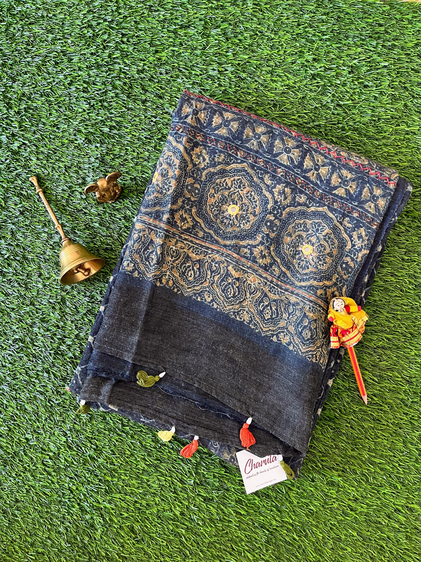 Indigo Ajrakh Embellished Saree on Tussar Silk
