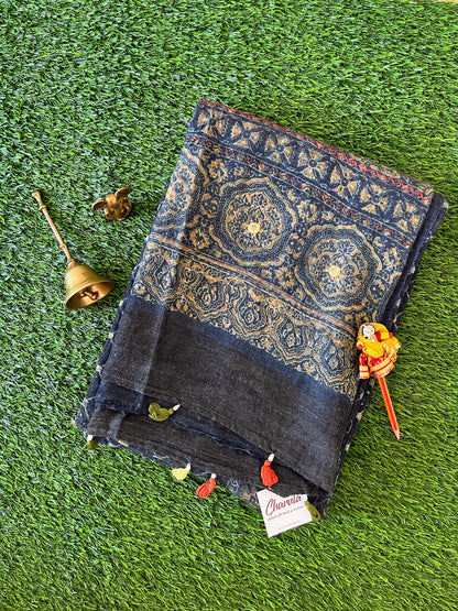 Indigo Ajrakh Embellished Saree on Tussar Silk